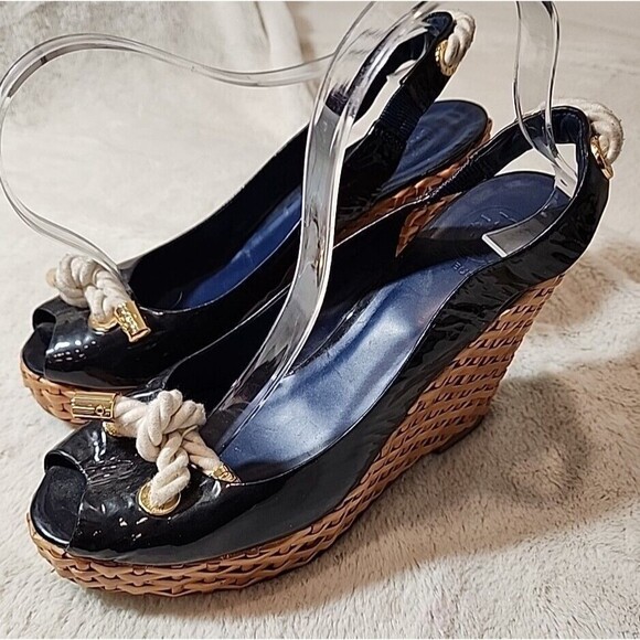 Tory Burch Navy Blue Patent Rope Bow Wedge Slingback Peep Toe Sandals Womens 10‎ - Picture 2 of 11